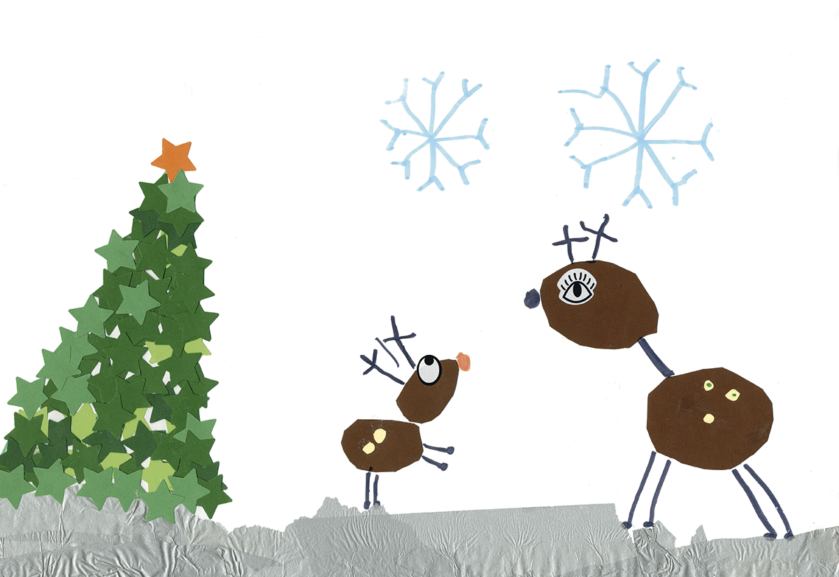 Tegning af juletræ og rensdyr