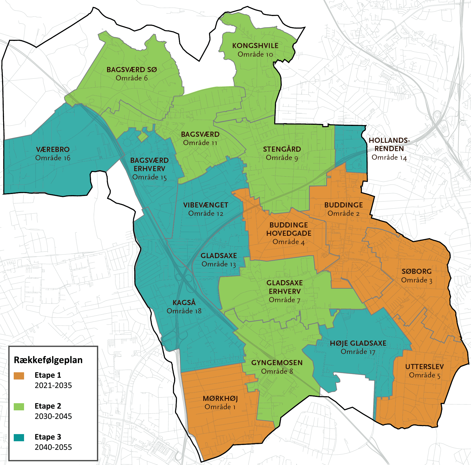 Kort med rækkefølgeplanen for separering i Gladsaxe Kommune