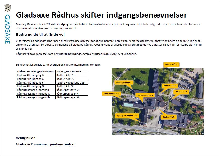 Kort over nye indgangene på Gladsaxe Rådhus