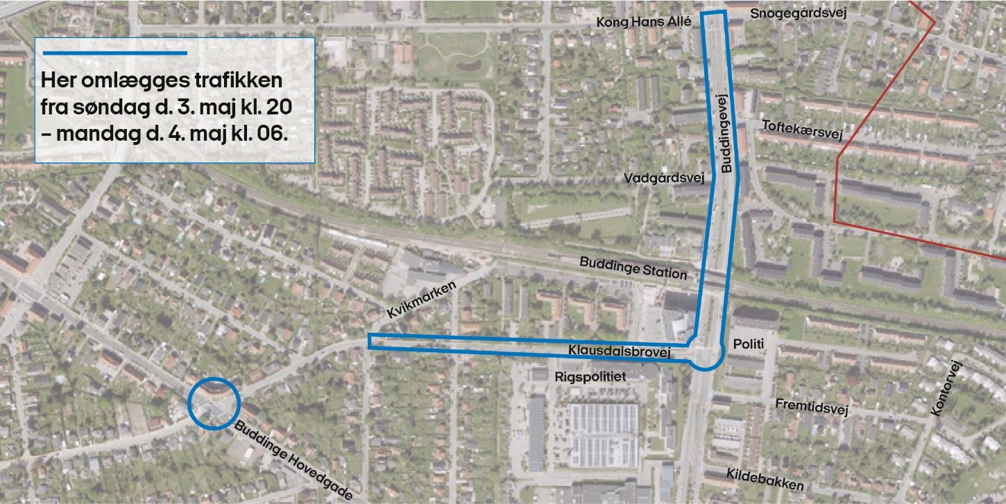 Kort over trafikomlægninger på Buddingevej i starten af maj 2020