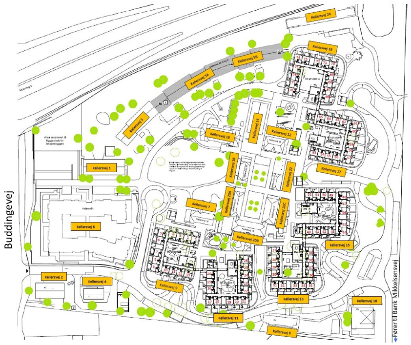 Kort der viser alle bygninger på Kellersvej, når ombygningen er færdig i 2023