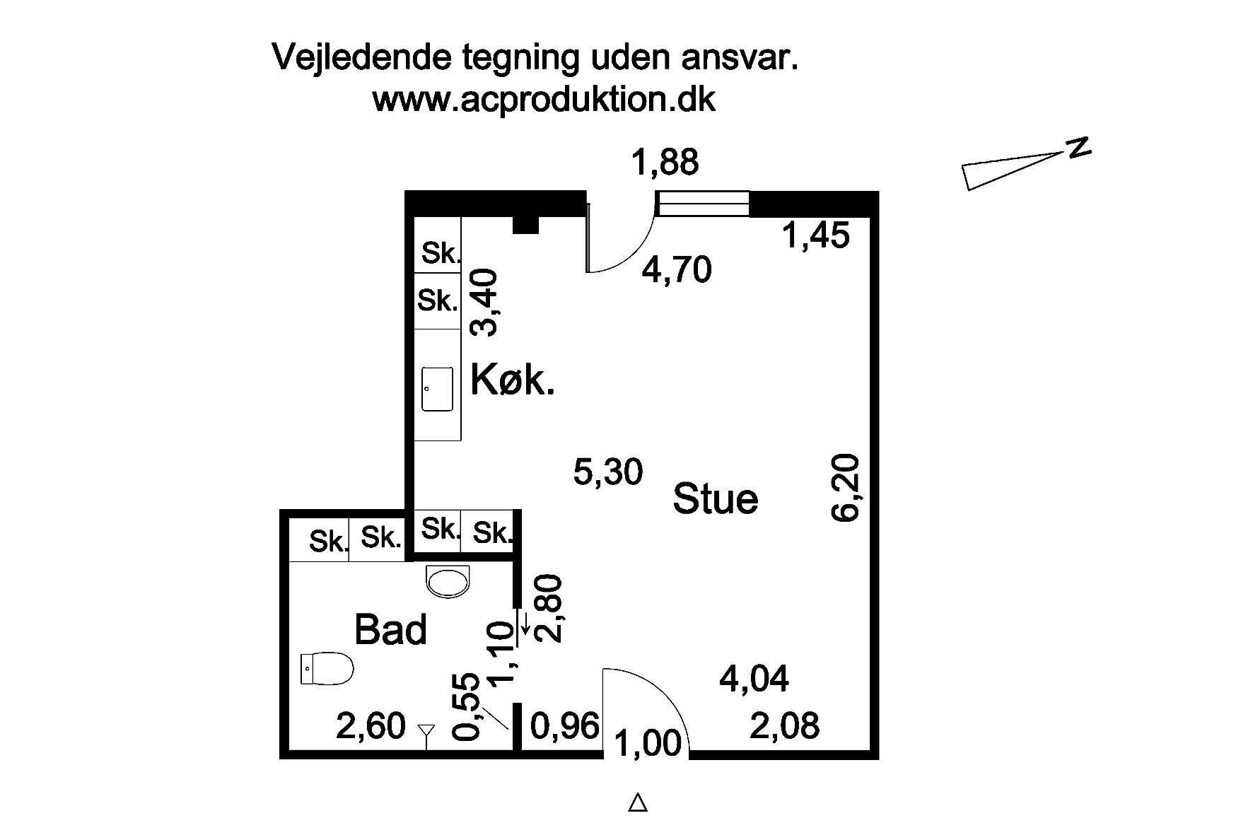 Skitsetegning af 1 rums bolig som er 36m²