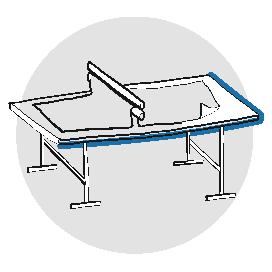 Grafisk tegning af et arbejdsbord, hvor trykte materialer bliver klargjort