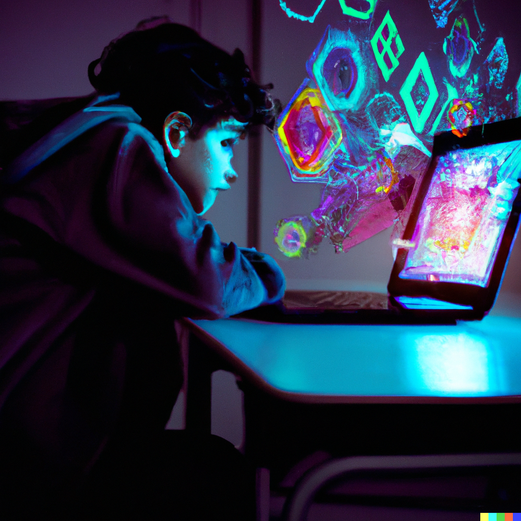 DALL·E AI genereret billede fra den 2023-03-16, som viser en studerende i et klasseværelse, der kigger ind i en bærbar med en portal til et digitalt univers, cyberpunk farver